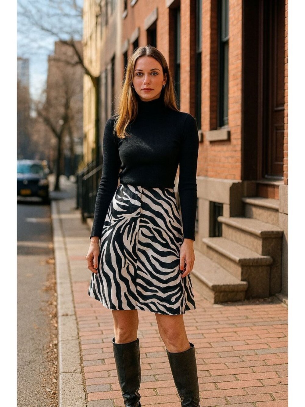 Worthington Zebra Print A-Line Skirt Size 6 Black White Cotton Blend Retro Chic
